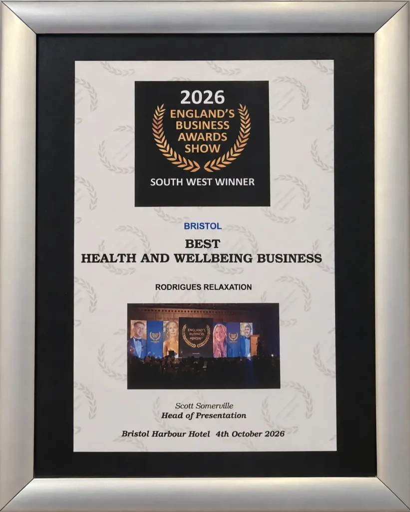 Framed certificate for Rodrigues Relaxation, winner of Best Health and Wellbeing Business in the South West at the 2026 England’s Business Awards